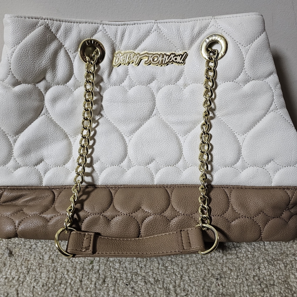 Betsey Johnson- large shoulder bag- pillowed- cream and brown- chain handle